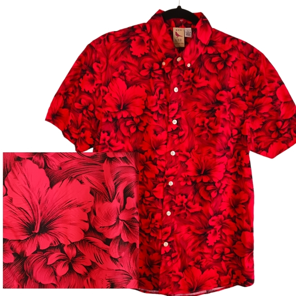 Size Large Ken LTD Mens Dress Shirt Red Floral, Cotton Tropical Fall